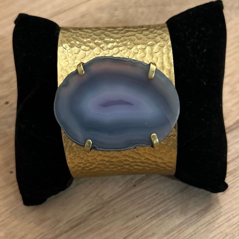 Gorgeous agate purple blue stone gold cuff bracelet large bohemian